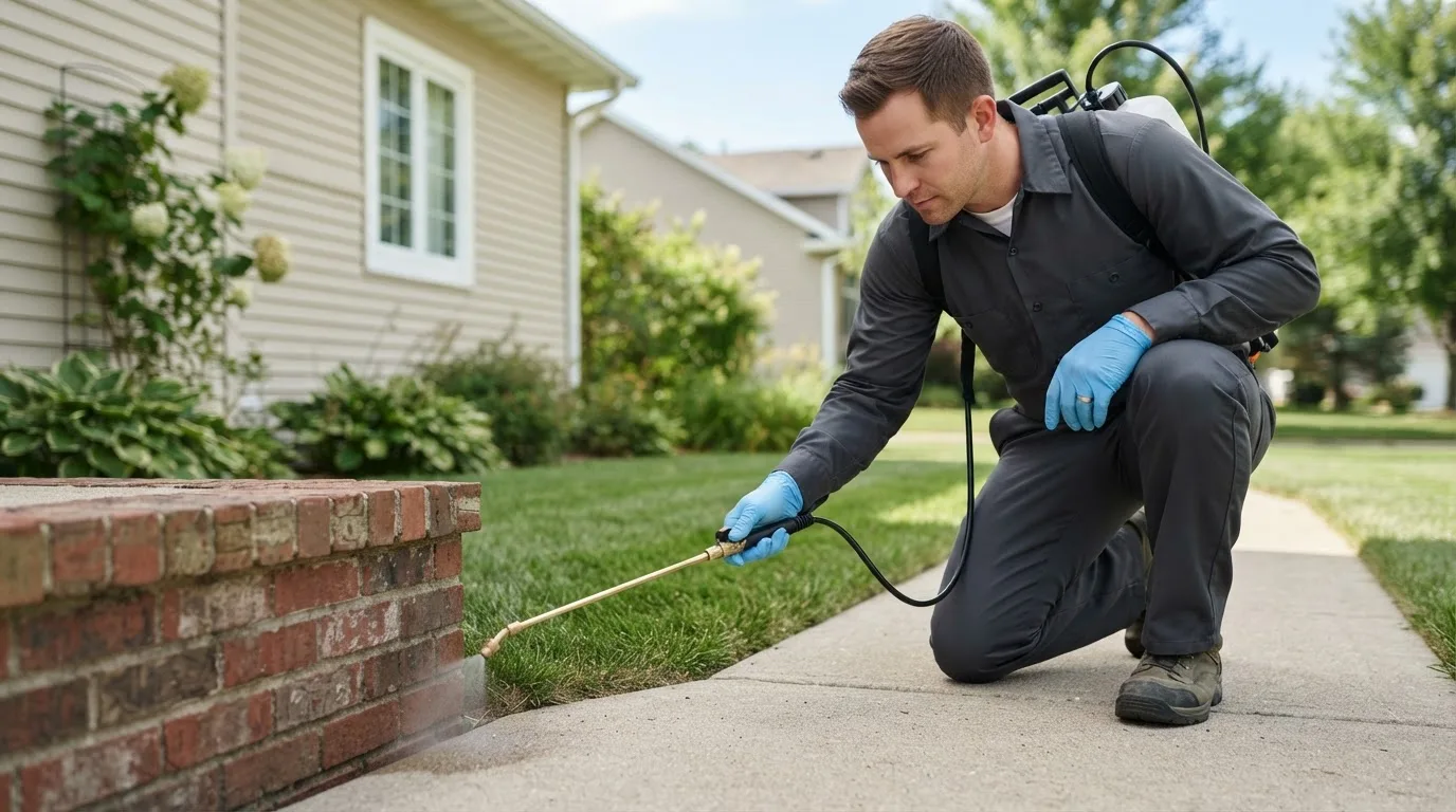 Pest control technician treating a home near Neelyville, MO
